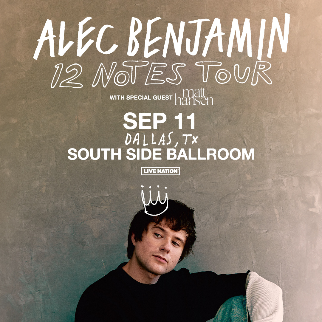 GET EXCITED! 🧡 @AlecBenjamin is heading your way with special guest Matt Hansen for his 12 NOTES TOUR on 9/11 at South Side Ballroom! 🎵 🔶 Get presale tickets 4/9 at 10am - 4/11 at 11:59pm // CODE: RIFF 🔶 All tickets on sale 4/12 at 10am 🎫: bit.ly/3VUintN