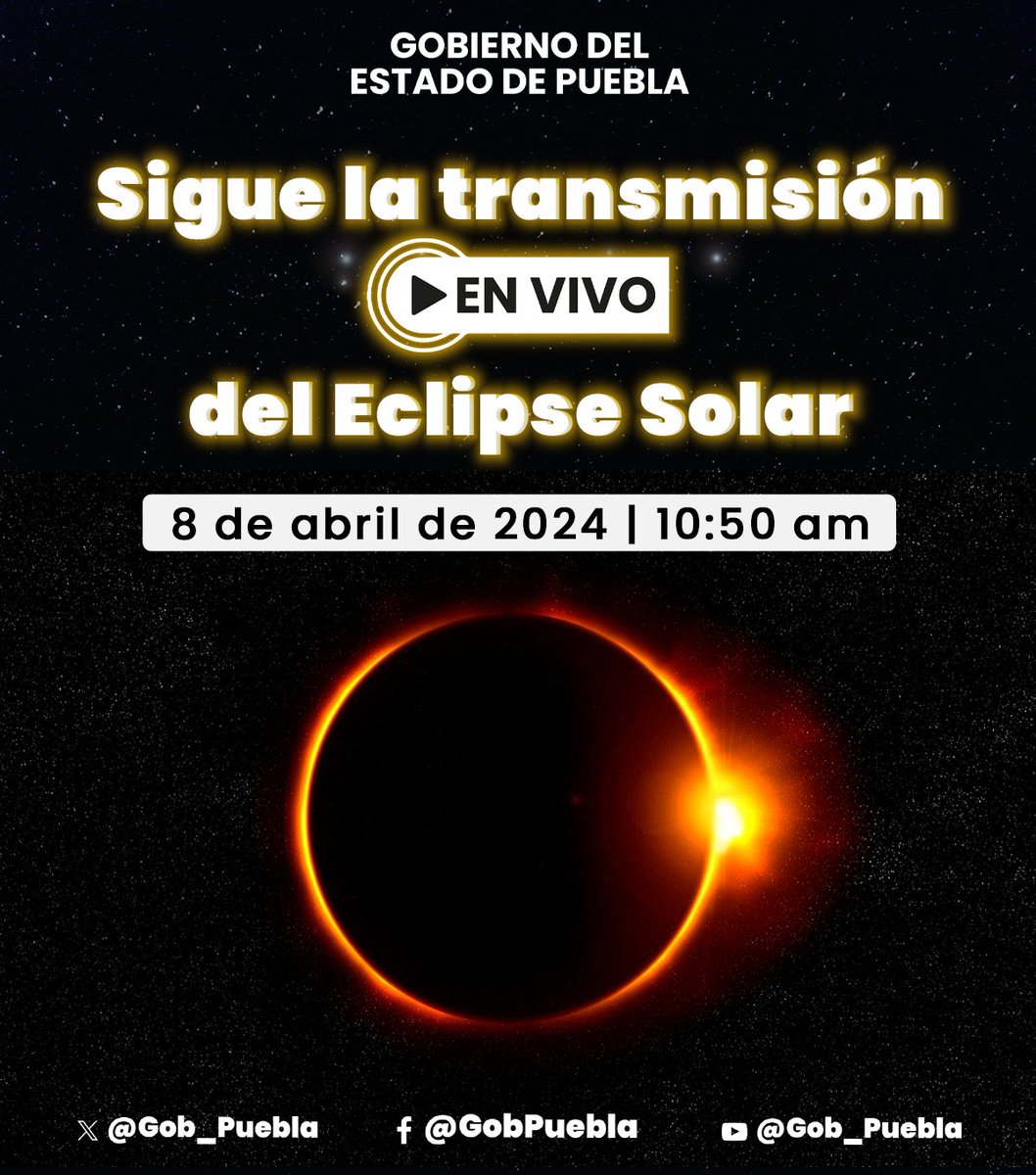 ¡Estamos a minutos! ⏱️ Sigue la transmisión 🔴 #EnVivo del #Eclipse2024. ☀️🌑🌎 ☝️ Recuerda seguir las recomendaciones de la @PC_Estatal , no olvides que la manera más segura de apreciar este fenómeno es a través de la TV o el internet. 📺📲