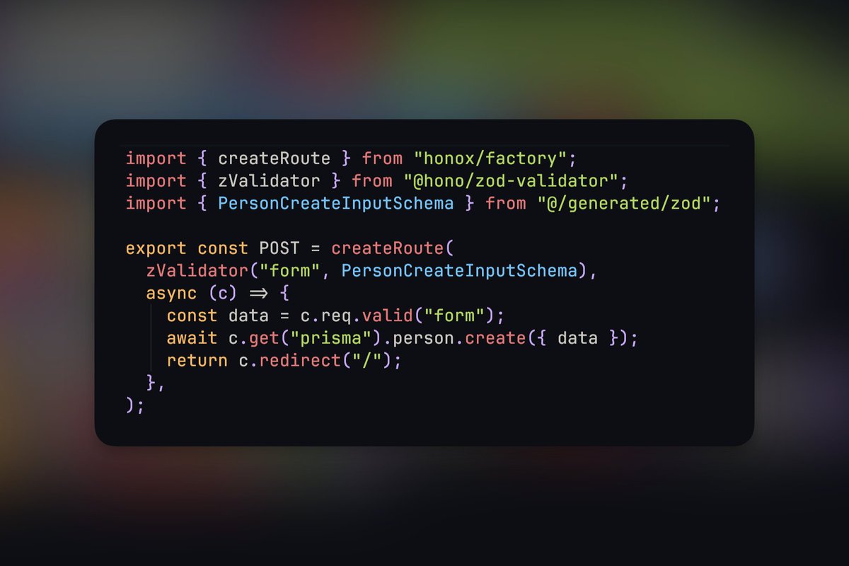 This stack is a game-changer for CF Workers 🤯 Data: D1 + @prisma Types/validations: Prisma => Zod Framework: @honodev + HonoX Look how slick this create endpoint is - automatically validated incoming data, creating new data is just a `.create({ data })` call away w/ Prisma