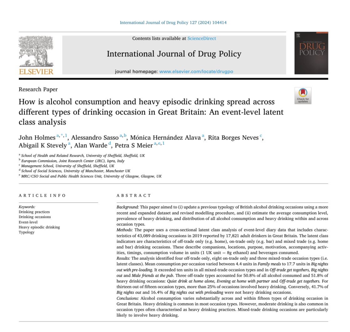 International Journal of Drug Policy (@ijdrugpolicy) on Twitter photo “How is alcohol consumption and heavy episodic drinking spread across different types of drinking occasion in Great Britain: An event-level latent class analysis” by <a href="/JHolmesSheff/">John Holmes</a> et al (2024) via <a href="/ijdrugpolicy/">International Journal of Drug Policy</a>….how much alcohol is too much?
Link: sciencedirect.com/science/articl… “How is alcohol consumption and heavy episodic drinking spread across different types of drinking occasion in Great Britain: An event-level latent class analysis” by <a href="/JHolmesSheff/">John Holmes</a> et al (2024) via <a href="/ijdrugpolicy/">International Journal of Drug Policy</a>….how much alcohol is too much?
Link: sciencedirect.com/science/articl…