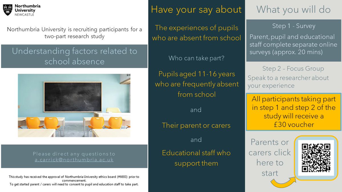 📢Take part in this research to help understand factors involved in being #AbsentFromSchool in #NorthEastEngland. We need to hear from #SecondarySchoolPupils, their parent/carers and #EducationStaff supporting them. Click the link for further info nupsych.qualtrics.com/jfe/form/SV_8e…📢