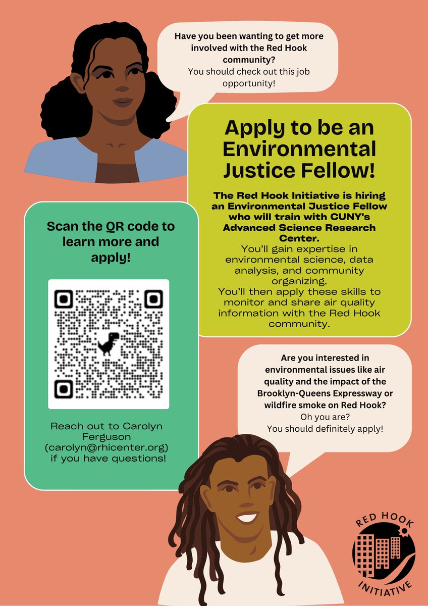 We are hiring an Environmental Justice Fellow to train with CUNY's Advanced Science Research Center. Are you interested in environmental issues like air quality and the impact of the Brooklyn-Queens Expressway or wildfire smoke on Red Hook? Apply today! #LinkInBio