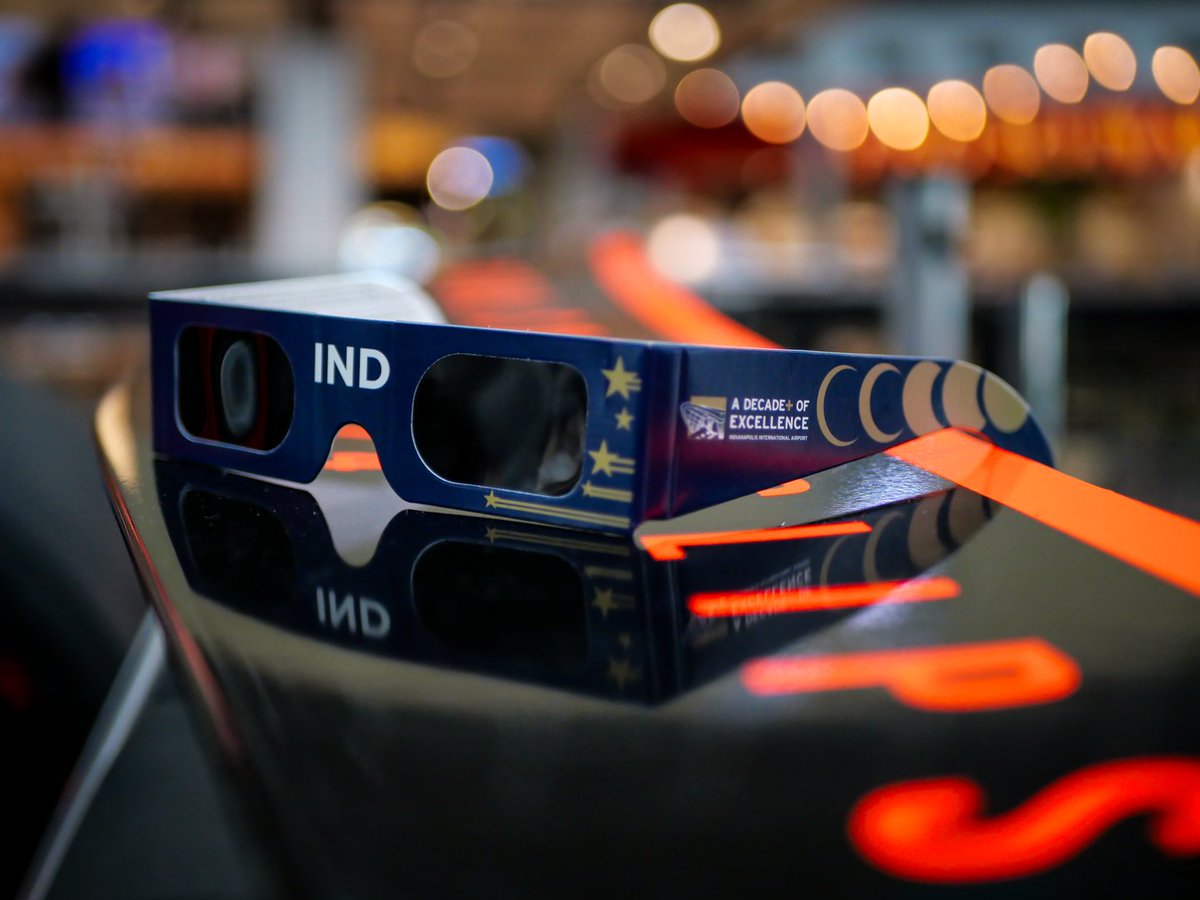 Reminder: If you're flying through IND today, we've got designated viewing areas pre- and post-security: • South Garden (Outside Baggage Claim) • Civic Plaza looking up • Gate A4 • Gate B3 Approved eclipse glasses can be picked up at the Guest Services Desk. #IndyEclipse24