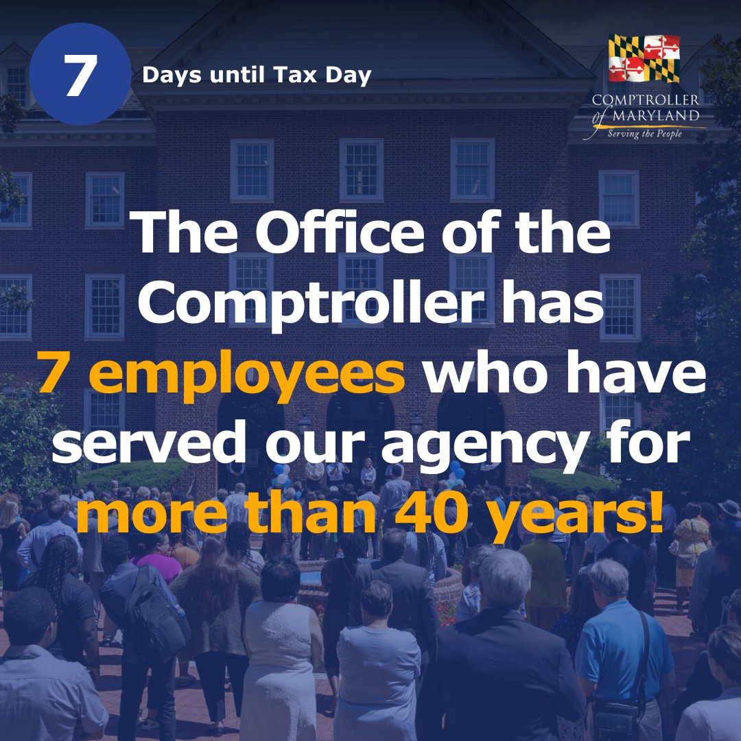 Countdown to #TaxDay2024: 7 days to April 15th! The Office of the Comptroller’s 7 employees who have served our agency for more than 40 years are reminding you to submit your 2024 personal income tax return!