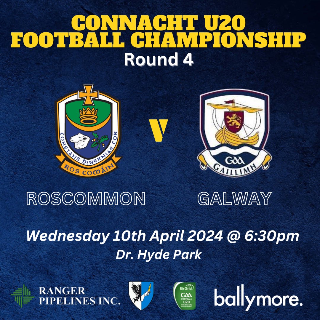 Our U20 footballers take on Galway in the Connacht Championship on Wednesday at 6:30pm at Dr. Hyde Park. 

🚫 Tickets will not be sold at the venue.

🎟️ Advance ticket sales only via this link ➡️ bit.ly/3TKePaS

#RosGAA