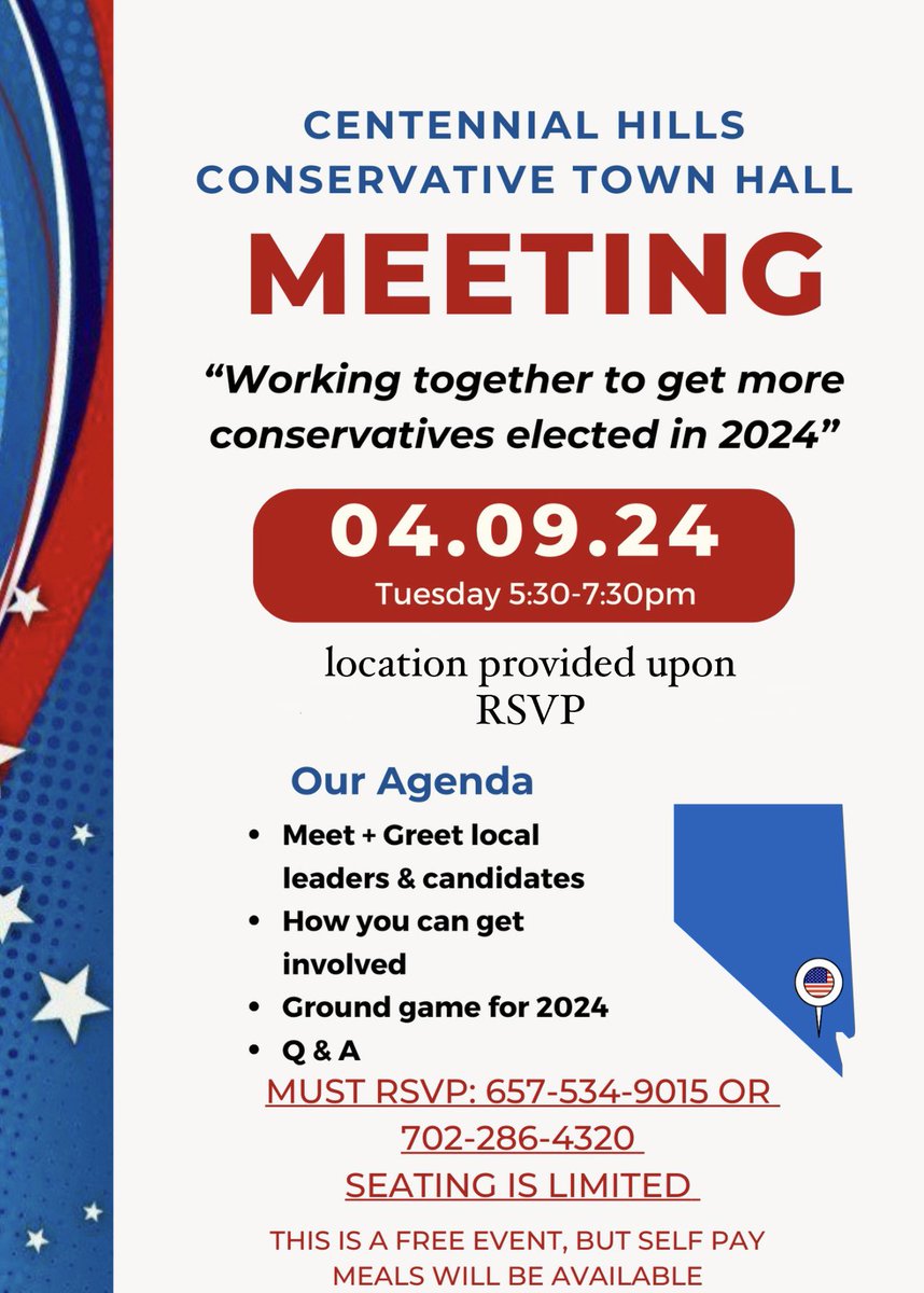 Centennial Hills Conservative Town Hall! 

Come and meet your local conservatives and learn what we are doing to ensure a WIN in 2024.

#NVSen
#NVLeg 
#lasvegaslocal
#chasethevote
@TPAction_