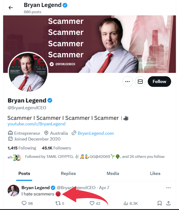 😂 <a href="/BryanLegendCEO/">Bryan Legend</a> the Biggest Crypto Scammer along with the likes of former CEO of FTX called Sam Bankman-Fried and former CEO of Safemoon called John Karony has just posted " I hate Scammers " 😂

😂 He just scammed with " HECTIC TURKEY " 😂

😂 Oh the irony of this quote 😂