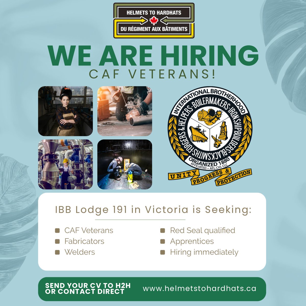 🌟 Calling all CAF veterans in Victoria, B.C.! 🌟Exciting opportunities await with the International Brotherhood of Boilermakers at Lodge 191! We're seeking CAF veterans, skilled fabricators and welders for SEASPAN contracts, and your expertise is in high demand.🛠️🇨🇦