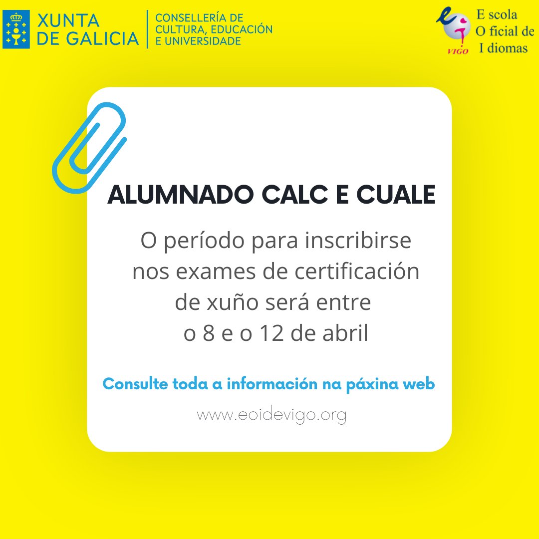 📢 O período de inscrición nos exames de certificación de xuño para o alumnado CALC e CUALE estará aberto ata este venres, 12 de abril. ✍️A inscrición realízase neste enlace: informaticacentros.com/xunta/ ℹ️ Para máis información: edu.xunta.gal/portal/node/42…