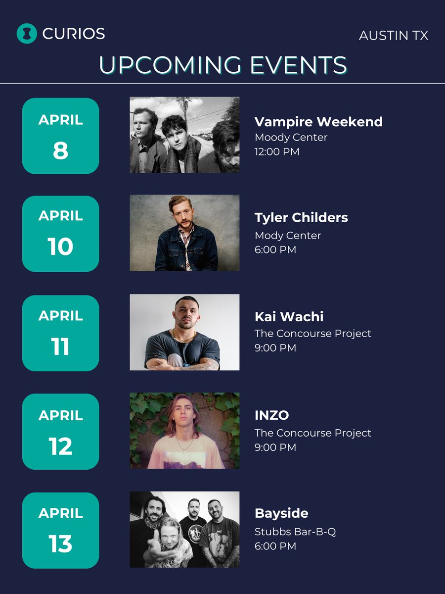 We have an incredible line up of music coming to Austin this week! This week we have: 🌟 @vampireweekend Date: April 8th Time: 12:00 PM Venue: @MoodyCenterATX 🌟 Tyler Childers Date: April 10th Time: 6:00 PM Venue: @MoodyCenterATX 🌟@KaiWachiMusic Date: April 11th Time:…