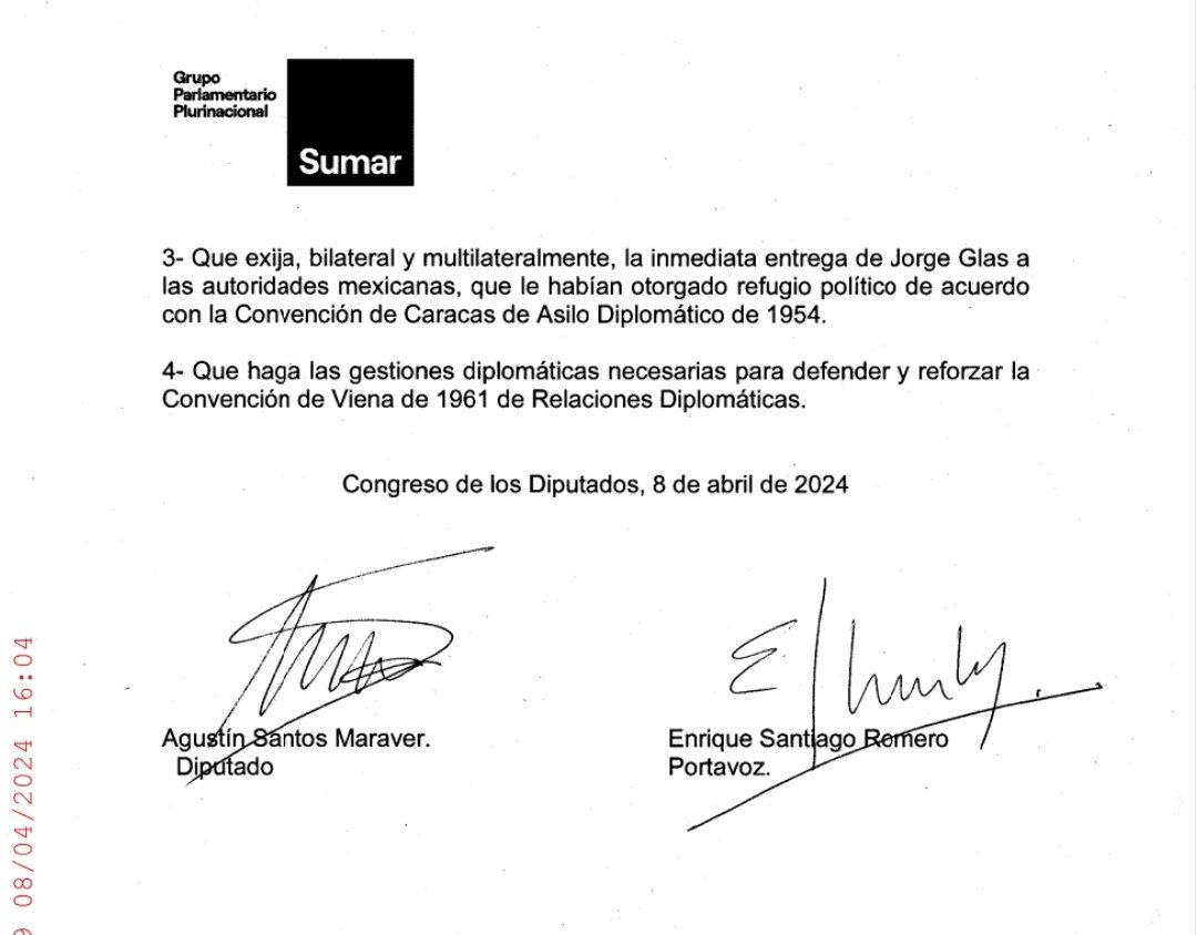 El grupo parlamentario @sumar convoca un debate parlamentario en el Congreso para que España condene el asalto a la embajada de México en Ecuador y exija la liberación de Jorge Glas y su entrega a México para que pueda obtener la protección a la que tiene derecho como asilado.