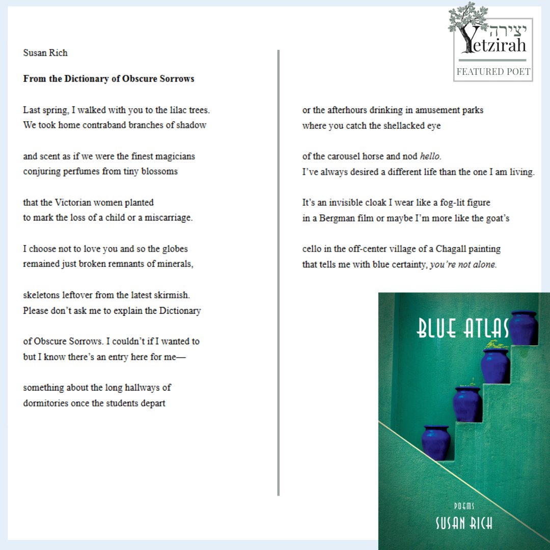 Congratulations to @susanrichpoet on BLUE ATLAS, which @DianeSeuss writes 'exquisitely performs the way trauma—the utter loss of self-determination, of choice—can turn a life to seawater, to drift, to ‘somehow, the might still be—’' Find more here: linktr.ee/yetzirahpoets