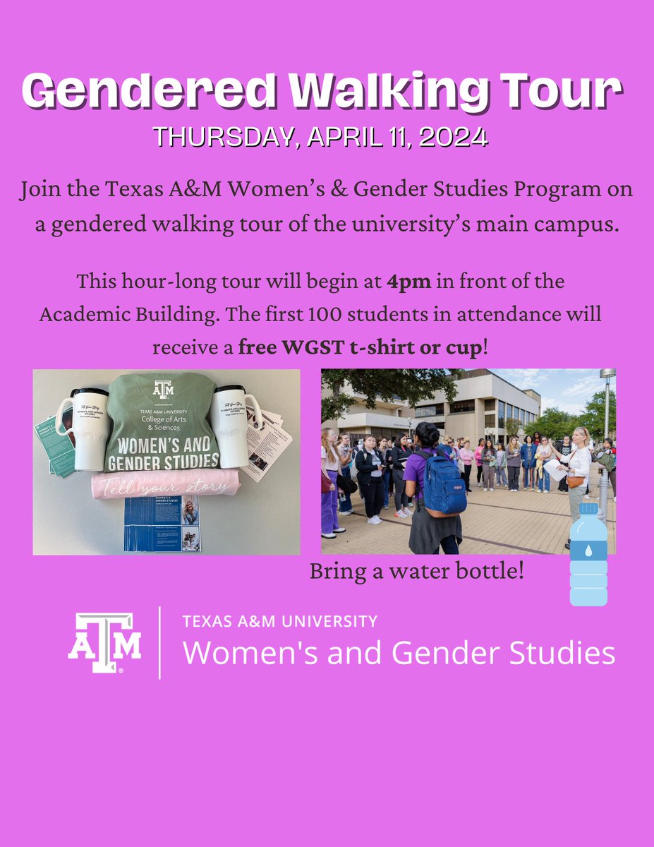 Due to inclement weather concerns🌩, the WGST Program has postponed our Gendered Walking Tour to THIS THURSDAY, APRIL 11. All times and locations will remain the same.

The tour will begin at 4pm in front of the Academic Building.