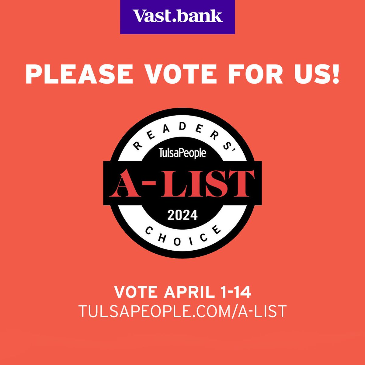 Vast Bank (@vastbank) on Twitter photo Vast Bank is nominated for the <a href="/TulsaPeople/">TulsaPeople</a> Magazineās A-List Awards! Vote for Vast Bank as Best Local Bank 2024. Scroll to the bottom of the page and enter your email to vote. Thank you for your support! hubs.ly/Q02s6-1w0
#ALIST2024 Vast Bank is nominated for the <a href="/TulsaPeople/">TulsaPeople</a> Magazineās A-List Awards! Vote for Vast Bank as Best Local Bank 2024. Scroll to the bottom of the page and enter your email to vote. Thank you for your support! hubs.ly/Q02s6-1w0
#ALIST2024