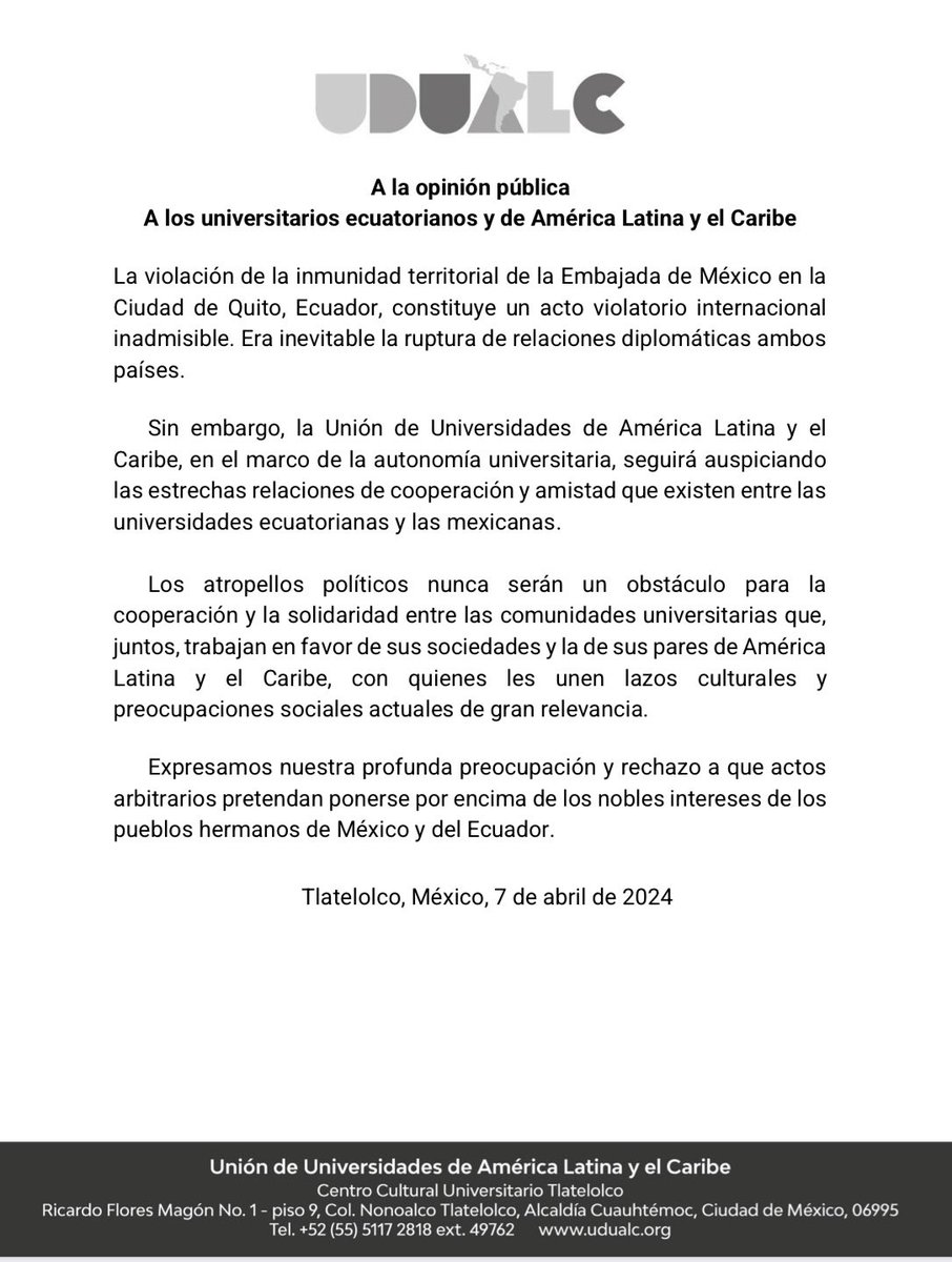 Comunicado de la UDUALC ante la situación diplomática entre México y Ecuador 👇