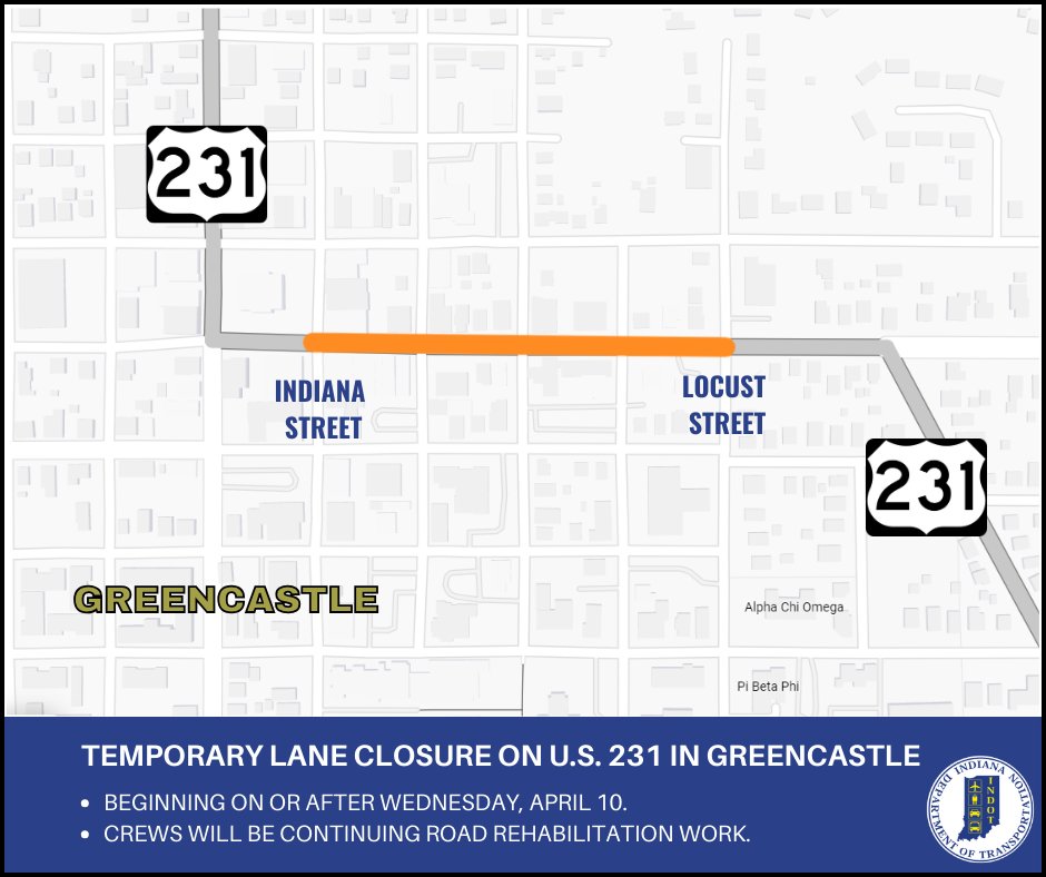 Work is continuing on S.R. 231 (Washington Street) in Greencastle, beginning today! (4/10) 🚧 For more details on what's to come later this week, click below. ⬇ lnks.gd/2/2vBB6Rb