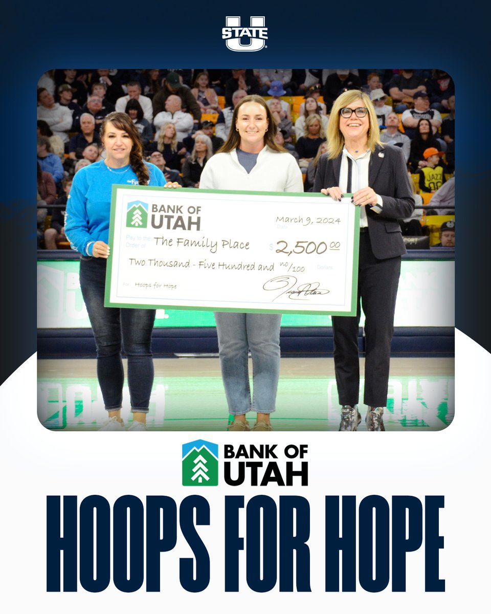 This season, @BankofUtah and @USUAthletics teamed up to donate to Hoops for Hope. Every point the Aggies scored this season, Bank of Utah donated $1 to Hoops for Hope. Thank you Bank of Utah, for supporting our Aggies!