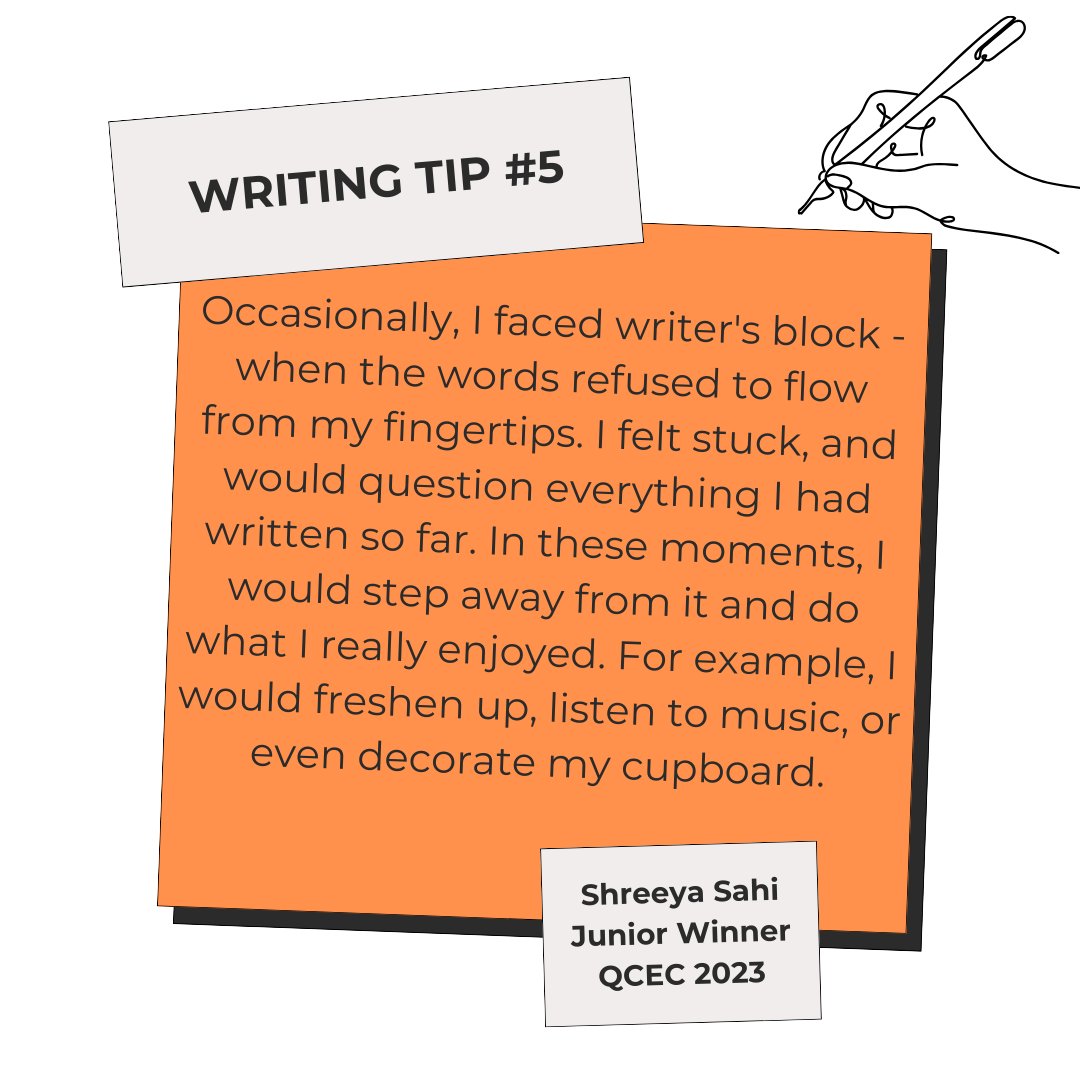 Senior Winner of #QCEC2023 Shreeya Sahi shares advice to writing a winning story ✨ She adds: 'Another trick that would help was visualising the story and drawing it.' Enter #QCEC2024 by 15 May: royalcwsociety.org/essay-competit…