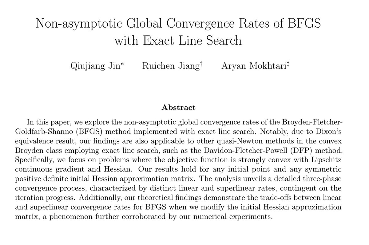 Exciting Update: We've figured out the global convergence rates of BFGS with exact line search! 

Paper: arxiv.org/pdf/2404.01267…