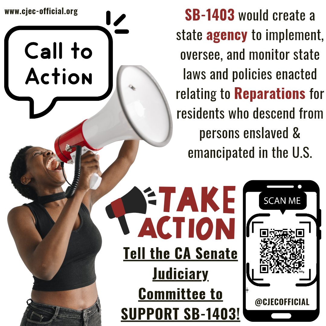 📣📣 Call to Action!! SB1403, a bill to create a state #Reparations agency to implement, oversee, and monitor state laws and policies relating to Reparations will be HEARD by the CA Senate Judiciary Committee on Tues 4/9! Contact the Committee NOW and tell them to vote YES on
