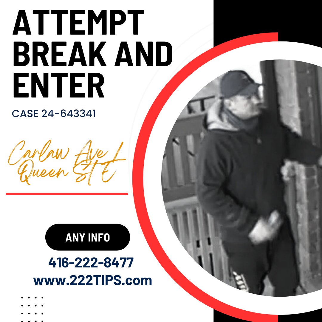 Toronto Police is making the public aware of an Attempt Break and Enter investigation in the Carlaw Ave /  Queen St E area

It is reported that:

Mon, March 25, 2024, approx 8:30 a.m.

Any Crime Stoppers anonymously  416-222-8477
#toronto @cityofto #breakandenter #carlawavenue