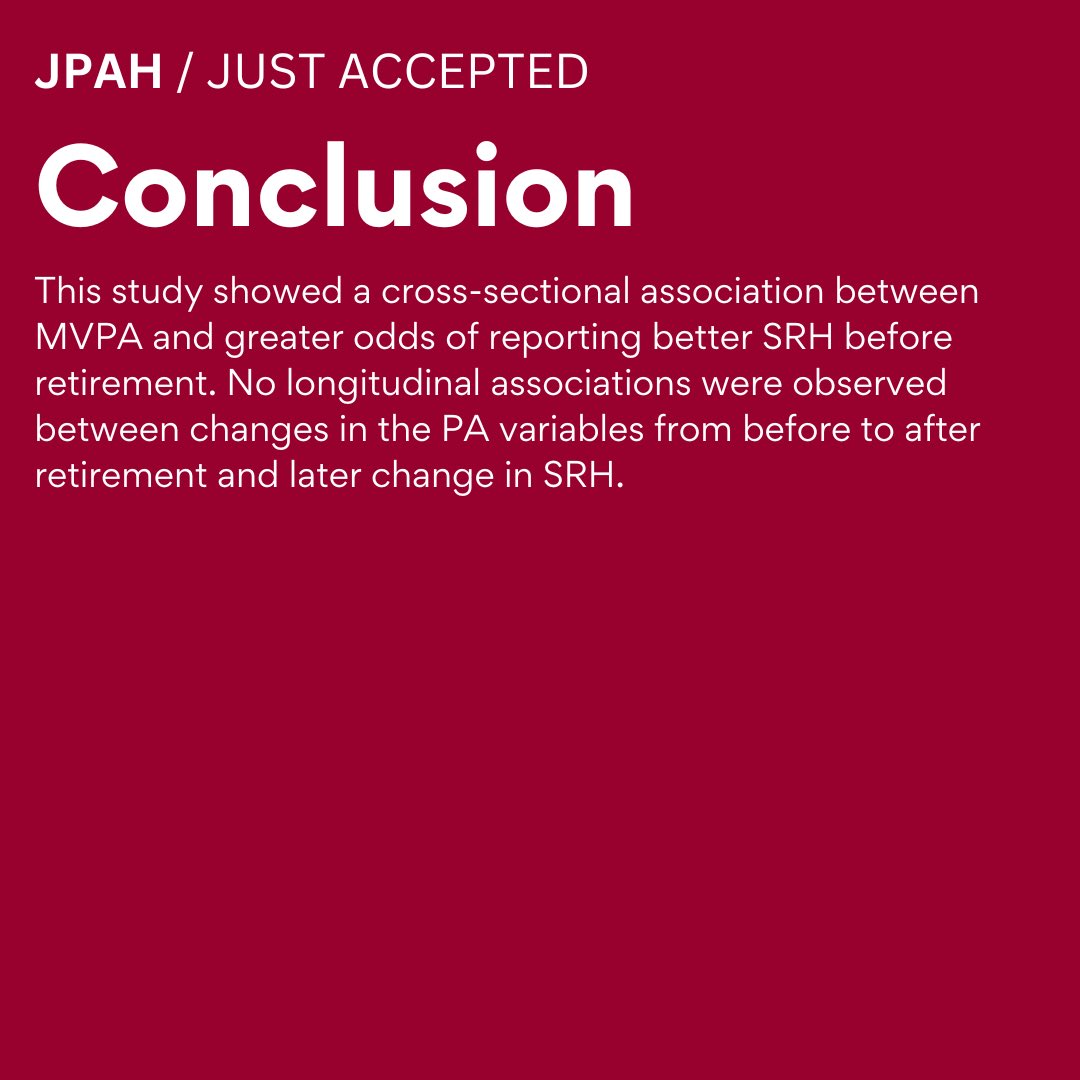 📣Just accepted: 🇸🇪 Andreas Fröberg & colleagues’ study showed a cross-sectional association between #MVPA & greater odds of reporting better self-rated health before retirement. Article coming soon!