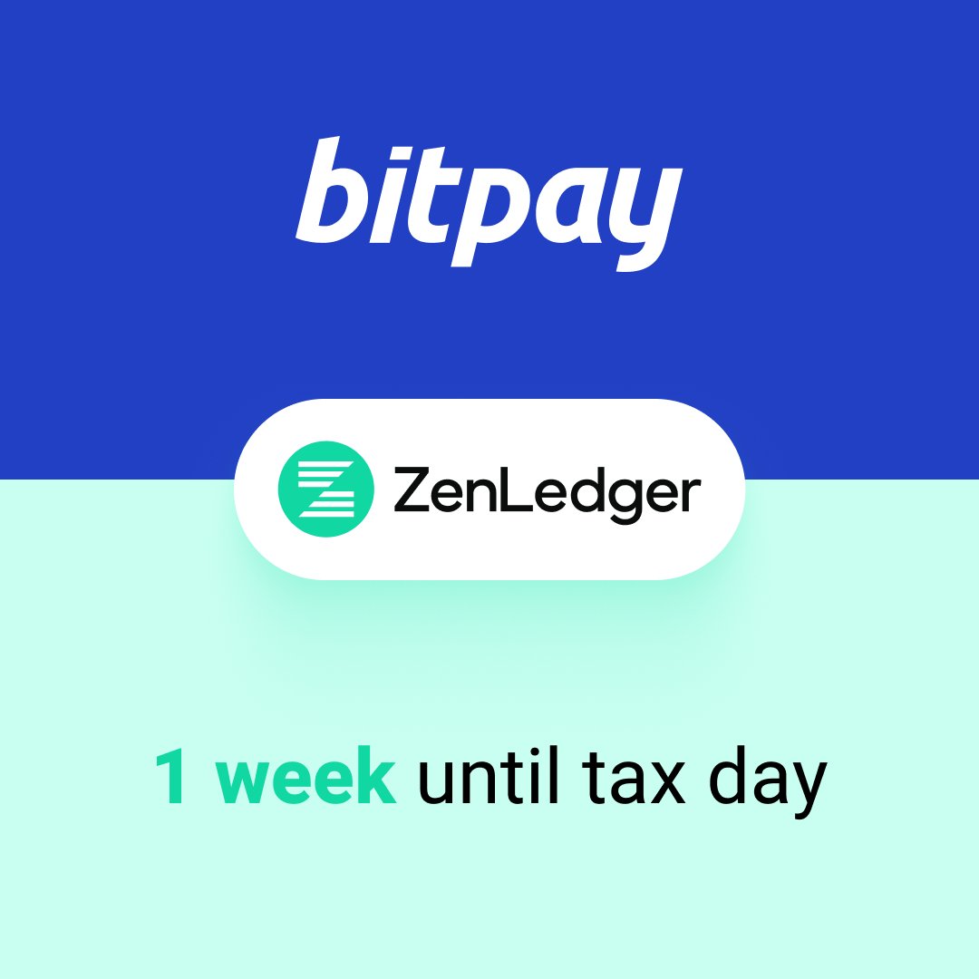 BitPay's tweet photo. 1 week until tax day!

Simplify your crypto tax filing - import your BitPay Wallet to @ZenLedgerIO and get your taxes done in minutes. 

Get started in the BitPay app: 
https://t.co/hvPqVwoDee

#BiPay #Bitcoin #crypto #taxday https://t.co/XOWgxwe056