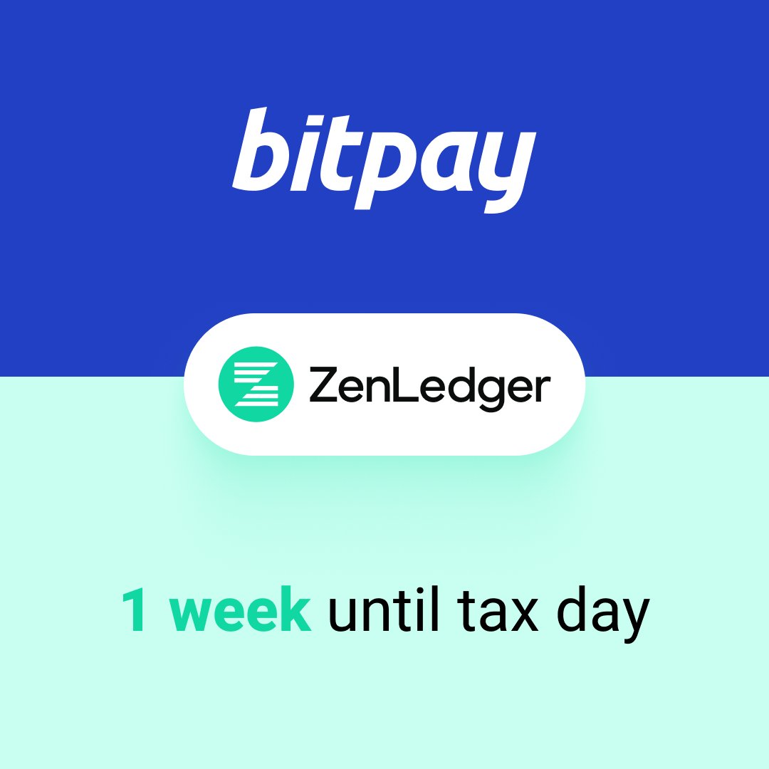 1 week until tax day! Simplify your crypto tax filing - import your BitPay Wallet to @ZenLedgerIO and get your taxes done in minutes. Get started in the BitPay app: bitpay.onelink.me/Cenw/554nhp8w #BiPay #Bitcoin #crypto #taxday