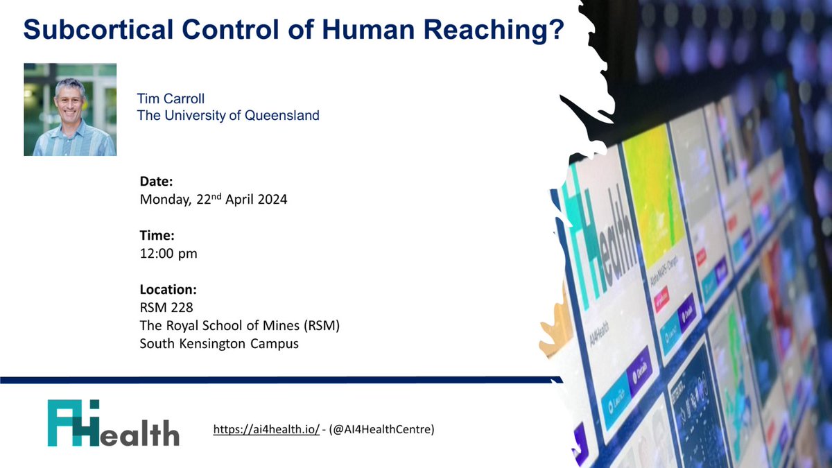 🧠Explore subcortical control of human reaching with Prof. Tim Carroll from Uni. of Queensland! Join us on April 22nd, 12:00 pm at Imperial College London South Kensington, RSM 228. Uncover how computational models merge with neurophysiology to understand our movements.
