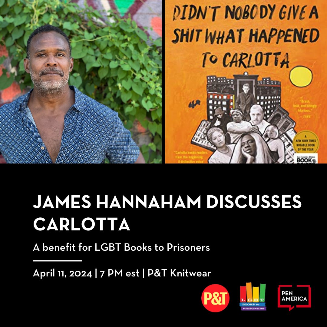 Join @JamesHannaham at @ptknitwear in NYC at 4/11 at 7pm to discuss his most recent novel, Didn't Nobody Give a Shit What Happened to Carlotta. Each ticket will purchase a copy of this hilarious novel for grateful readers inside, delivered by @LGBTBtP. eventbrite.com/e/didnt-nobody…