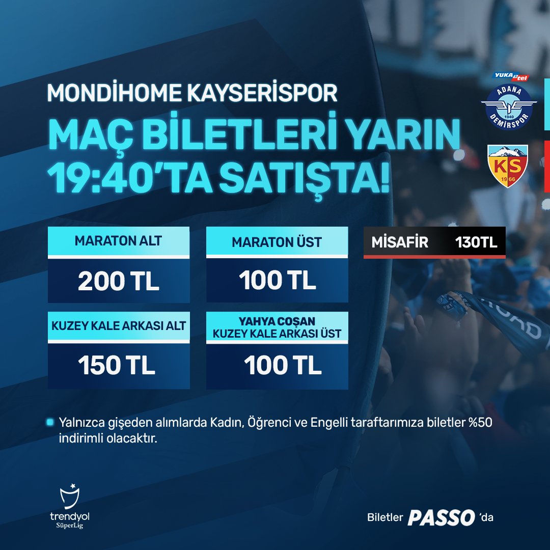 Trendyol @superlig'in 32. haftasında Yeni Adana Stadyumu'nda 13 Nisan Cumartesi günü saat 19.00'da karşılaşacağımız Mondihome Kayserispor maçının biletleri yarın saat 19:40'ta satışta! 🔥 🔹Yalnızca gişeden alımlarda Kadın, Öğrenci ve Engelli taraftarımıza biletler %50 indirimli…