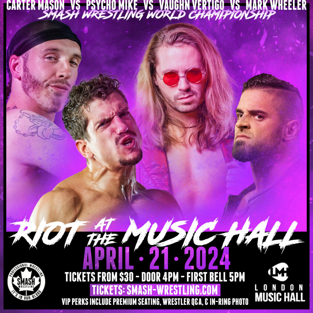 🚨BREAKING NEWS🚨 After last night's fallout at Smashapalooza we have not one, not two but THREE #1 contender's for Psycho Mike's Smash Wrestling Championship. A 'Fatal 4-way' has been officially announced for April 21st at #RiotAtTheHall. April 21 ➡️ smash-wrestling.com