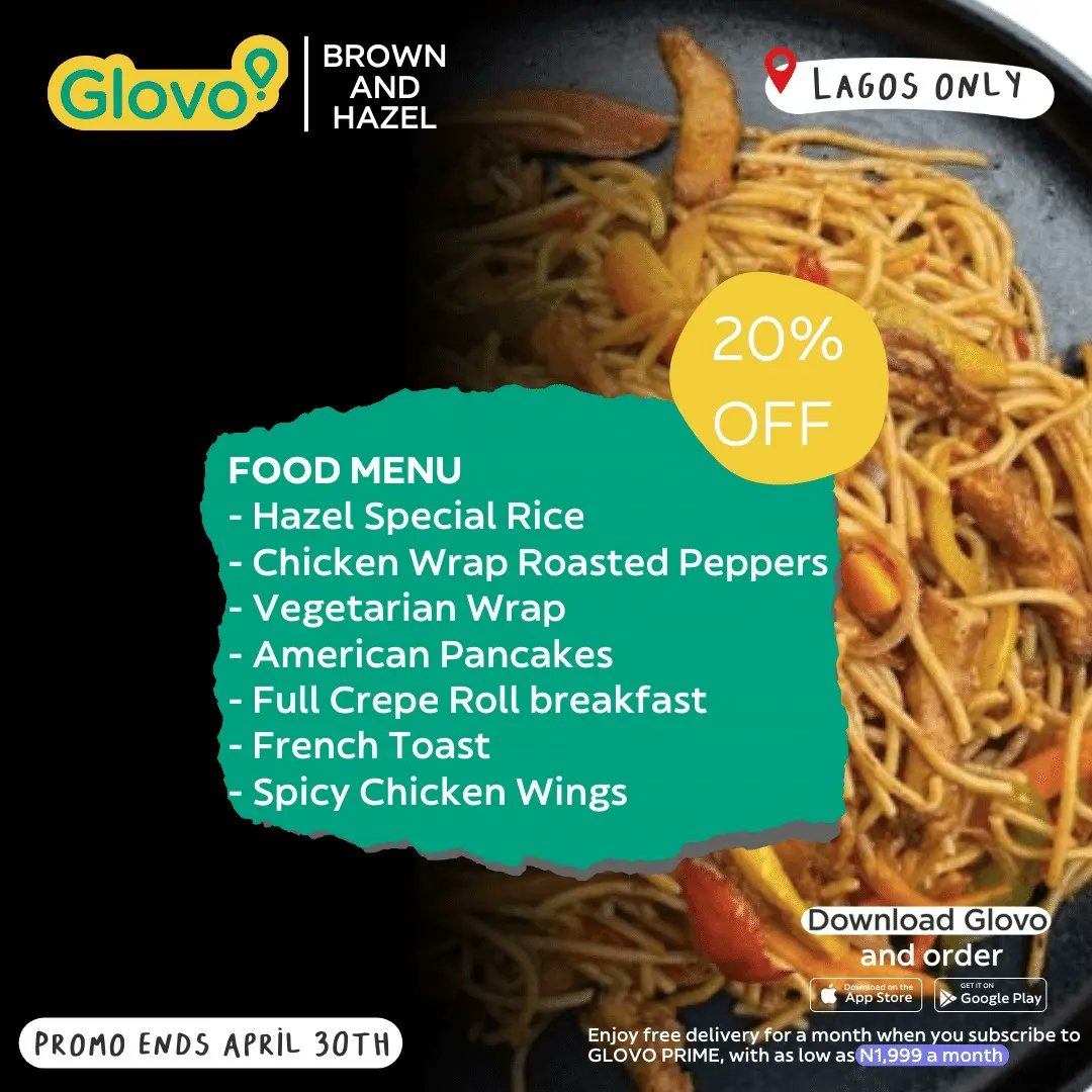 🎉 Exciting news! 🍽️ Brown & Hazel is now on Glovo and it’s raining discounts 🥳: 🍱 Enjoy mouthwatering breakfast combos for 2k only 🍱 Also get a 20% discount on everything else on the menu! 🍲😋 Download the Glovo app, order now and get it delivered in minutes!