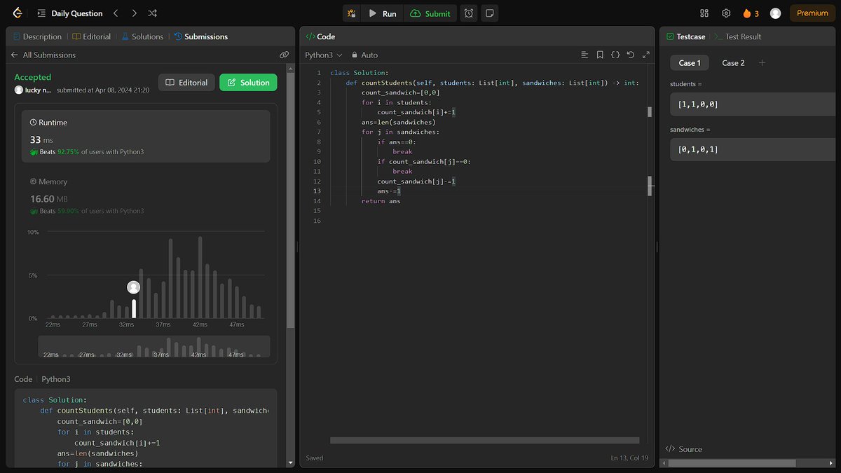 _luckynot's tweet image. ๐ Day 200 of my #365DaysOfCode ๐
Excited to share my latest accomplishment in solving a coding challenge! ๐
๐ Problem Solved: Count Students who will Get the sandwiches
#CodingAchievement #ProblemSolving #Python #Algorithms #DataStructures #100DaysOfCode