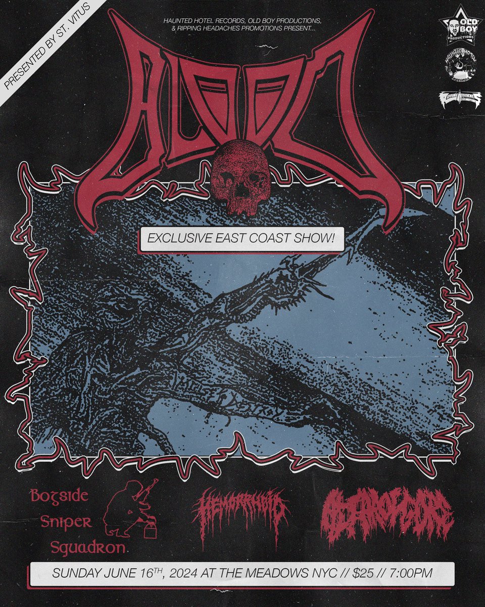 🔥EXCLUSIVE EAST COAST SHOW🔥Grind/Death Metal legends BLOOD (Germany) in NYC @ The Meadows w/ BOGSIDE SNIPER SQUADRON, HEMORRHOID, ALTAR OF GORE. 🎟️🎟️🎟️TICKETS ON SALE NOW THROUGH DICE. LINK IN BIO In conspiracy with @hauntedhotelrecords @saintvitusbar