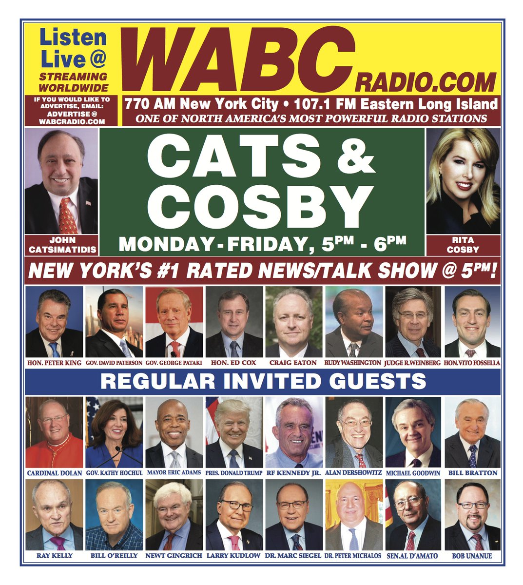 New York's #1 Rated News/Talk Show at 5PM EST! @Catsandcosby with your hosts @JCats2013 and @RitaCosby! Informative and entertaining interviews with notable special guests! Listen on wabcradio.com or on the 77 WABC app!