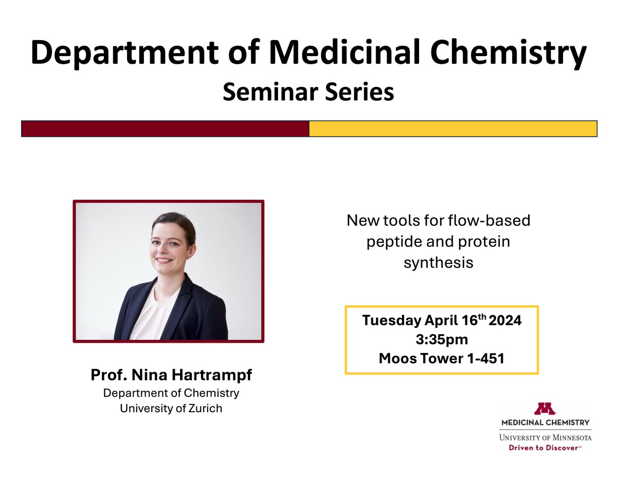 Tomorrow, we are excited to host @NinaHartrampf from the University of Zurich to give a seminar talk: “New tools for flow-based peptide and protein synthesis' 📅: Tuesday, April 16th ⏰: 3:35pm CST 📍: Moos Tower 1-451