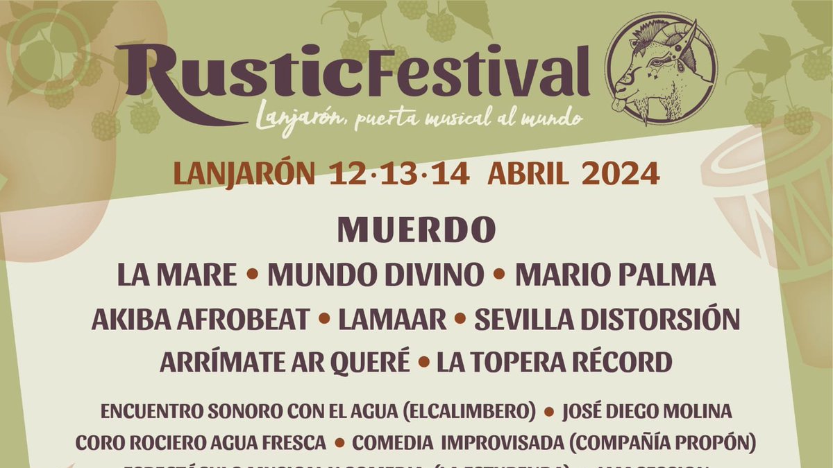 igallardo12's tweet photo. PROGRAMACIÓN COMPLETA DEL
@RUSTICFESTIVAL
DURANTE LOS DÍAS 12, 13 Y 14 DE ABRIL DISFRUTAREMOS DEL #RusticFestival EN #LANJARÓN ¡NO TE LO PIERDAS! https://t.co/dcmE7slFda