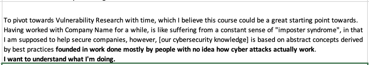 alisaesage's tweet photo. This.  The problem with cybersecurity is that almost everything that is taught about it is based on high level abstractions generated by people who never found a single software vulnerability in their lives.

This is a problem because cyber offense works on a concrete level, and with concrete vulnerabilities. ALWAYS! When a hacker attacks an organization, he doesn't attack some abstract Asset X or Perimeter Z, he attacks a Specific Vulnerability in Specific Code of Specific Software with an Extremely Specific Exploit (although code flavours and techniques may vary). When you don't have a practical grasp of this low level, your cyber defense is guaranteed to look a bit like this to us:

(I'm processing interest responses from my upcoming Cybersecurity course - with a little help from ChatGPT, of course, but this one caught my attention)