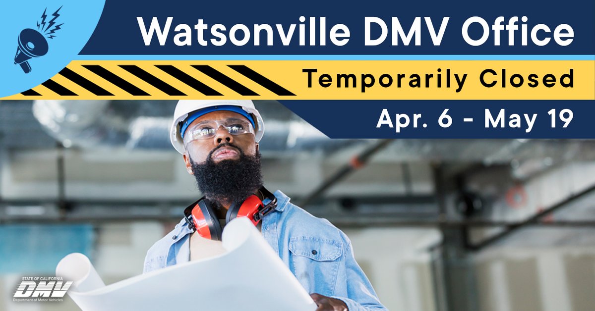 Our Watsonville office is temporarily closed to replace the flooring & furniture. Customers can visit nearby offices at: Capitola: 4200 Capitola Road Gilroy: 6984 Automall Parkway, Ste A Salinas: 260 E Laurel Dr. Many DMV tasks can be completed online at dmv.ca.gov/portal/dmv-onl…