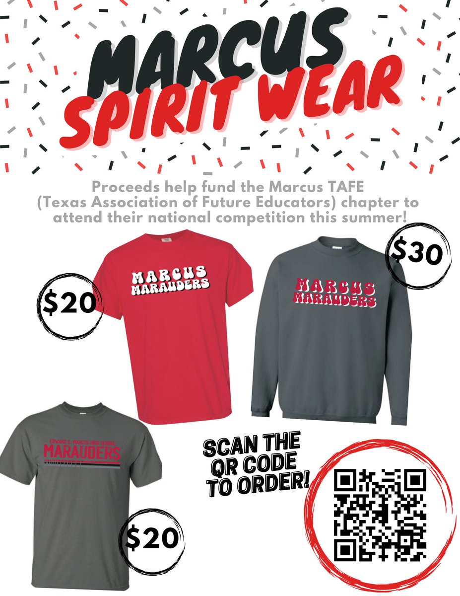 Marcus TAFE (Texas Association of Future Educators) is going to nationals! Check out our MHS spirit wear to purchase and help fund the chapter to attend the national competition this summer! Scan the QR code or click the link below to order! buff.ly/4cGx61o