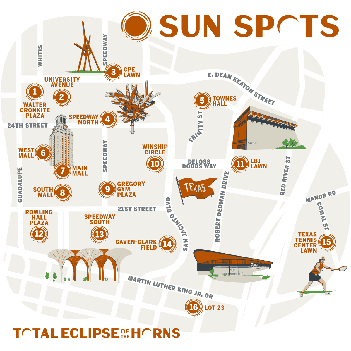 Getting closer! Stop by any of our 16 Sun Spots across the Forty Acres to pick up your burnt-orange eclipse glasses and more! Learn more at eclipse.utexas.edu