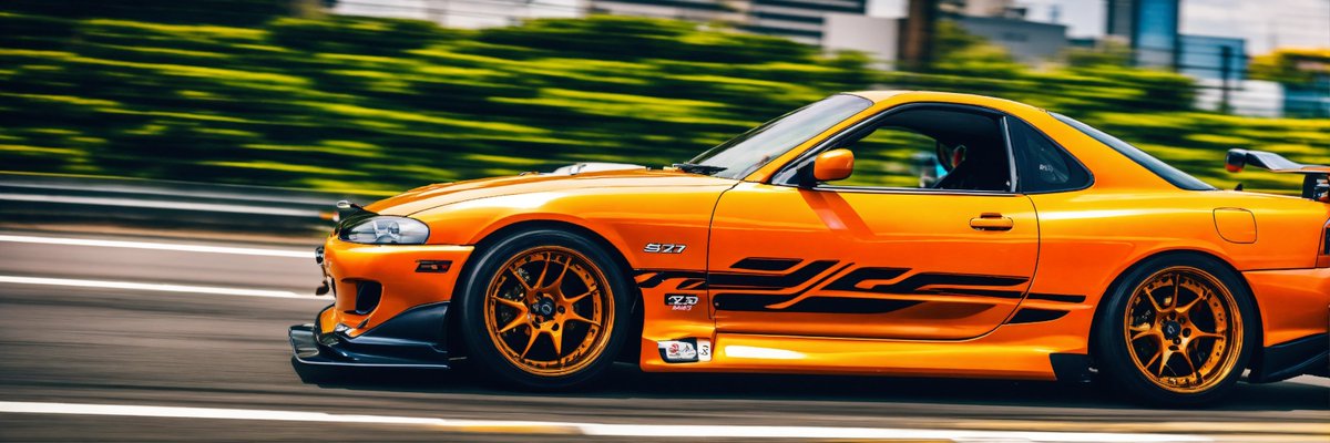 A colorful orange nissan silvia s15 with a wide-body kit racing a white mazda rx7 in tokyo highway