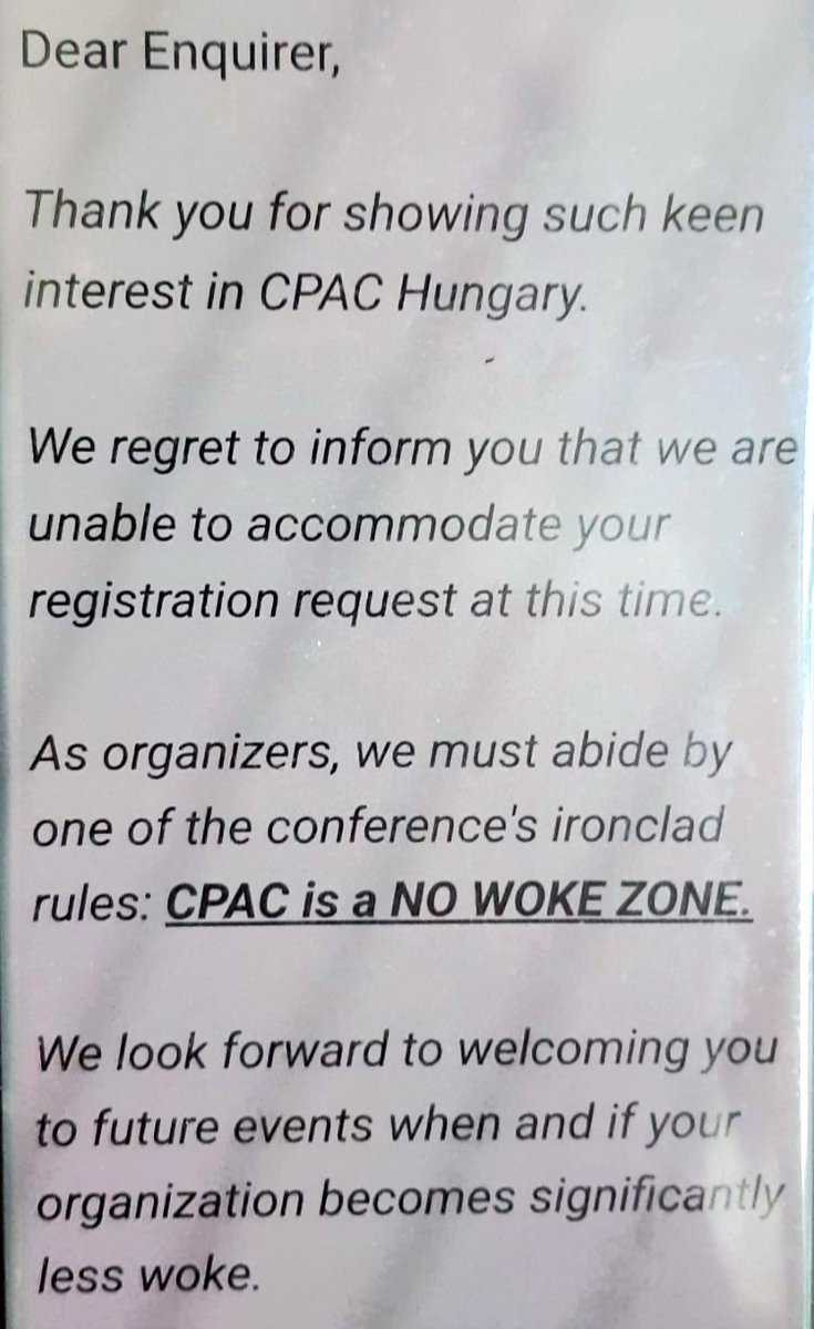 Democratie anno 2024: u bent niet welkom om verslag te doen van @geertwilderspvv's toespraak op Orbáns conservatieve CPAC-hoogmis eind april in Boedapest, want er geldt een NO WOKE ZONE #cpac24