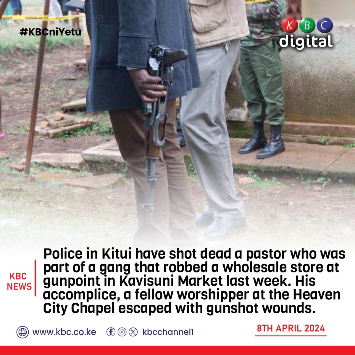 Police in Kitui have shot dead a pastor who was part of a gang that robbed a wholesale store at gunpoint in Kavisuni Market last week.
#KBCniYetu ^RO