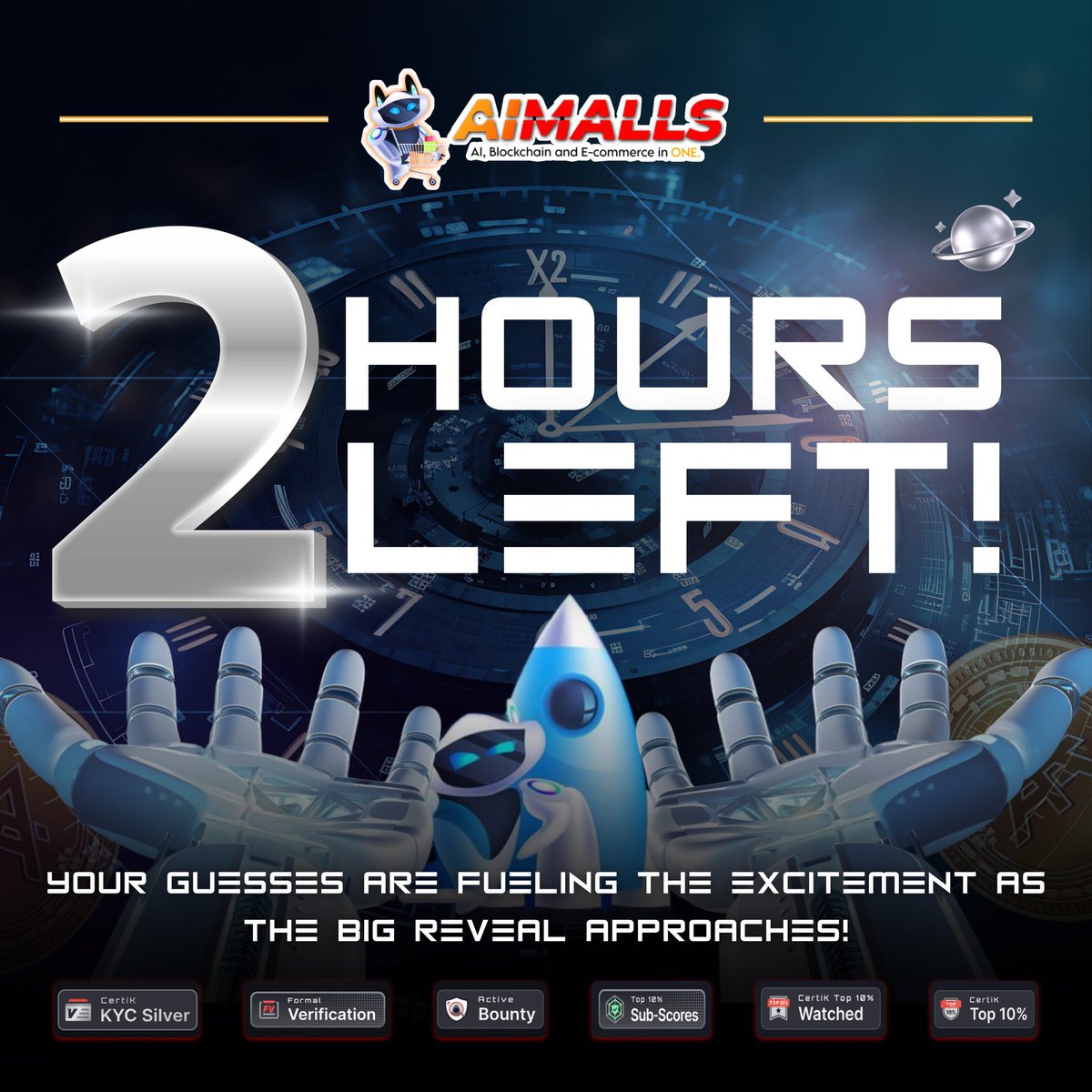 🕰️ Only 2 HOURS LEFT! The anticipation is heating up for the big Announcement!🔥Stay on the edge of your seat! Your guesses are fueling the excitement as the big reveal approaches!🧠 #AiMalls #AIT #Countdown #2hoursleft #Innovation #Defi #Ecommerce $AIT🚀