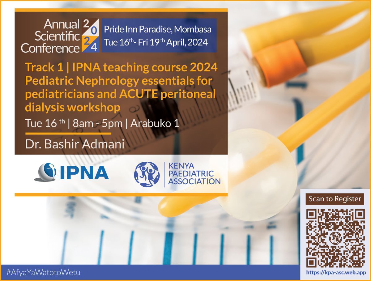 Join Dr. Admani and the IPNA team Track 1 at the #KPASciCon2024 for our specialized workshop on Acute Peritoneal Dialysis, providing hands-on training and insights into this critical aspect of pediatric nephrology care. 

To register: kpa-asc.web.app

#AfyaYaWatotoWetu