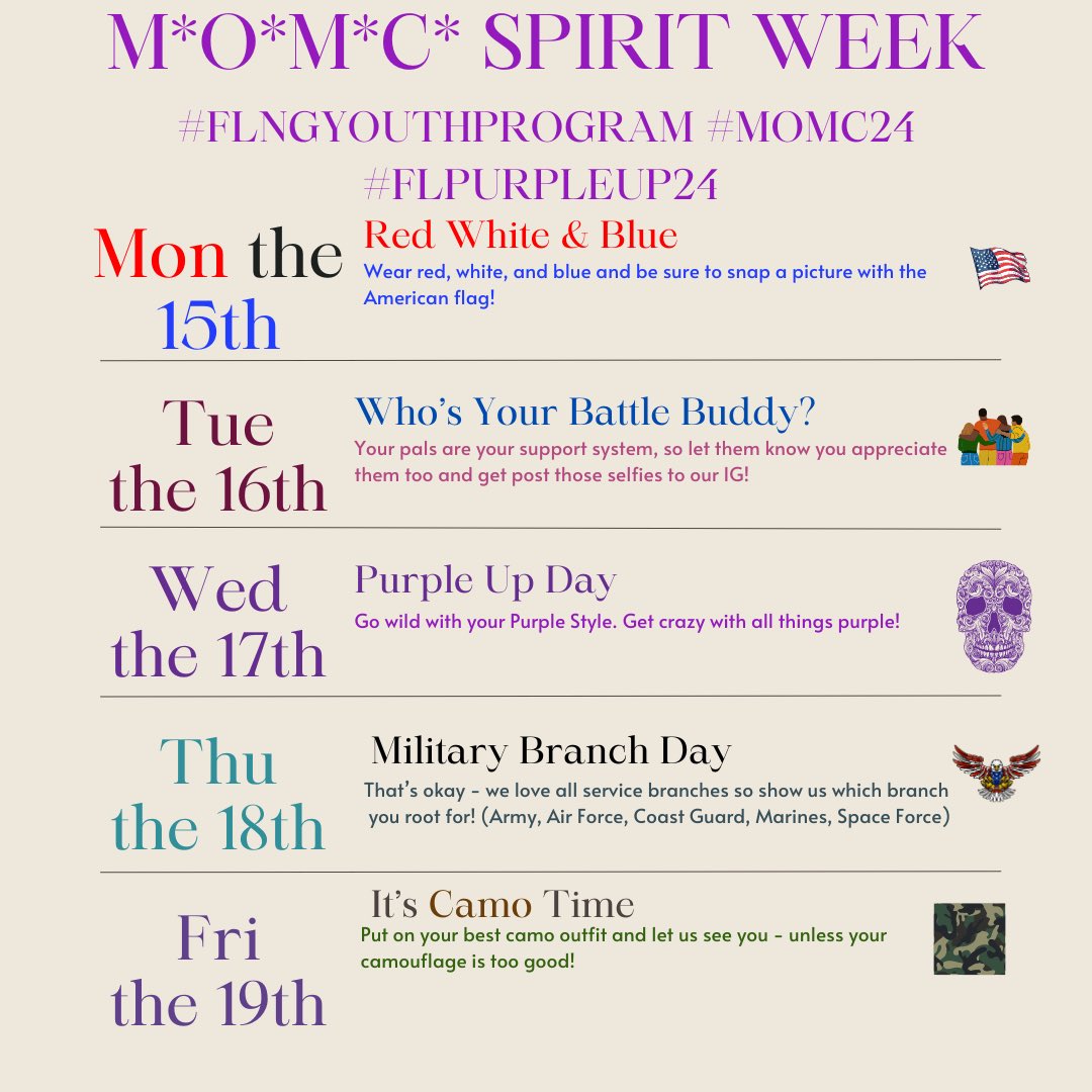 Next week, April 15-19 is Spirit Week to celebrate the Month of the Military Child. See the schedule below!