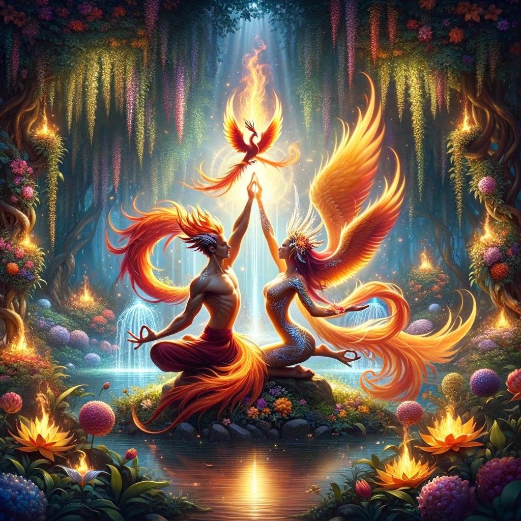 ~Red Phoenix Couple~ Happy Monday X Friends. In the dance of love, two souls entwine, Like a red phoenix, their love will shine.