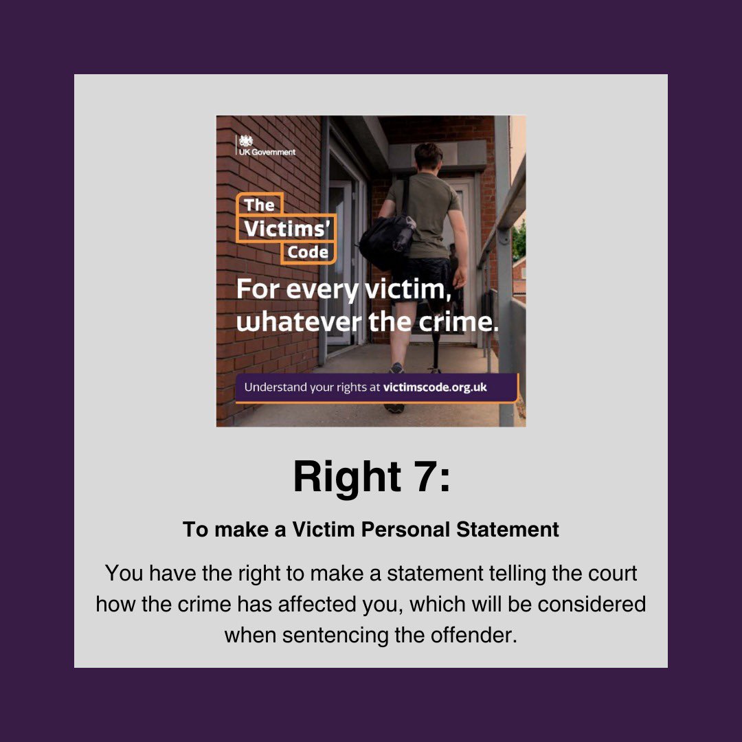 Victims and bereaved families have a right to make a victim personal statement (VPS) to show the impact the crime has had on their life. This statement is considered by the Judge or magistrate when determining the sentence. #knowyourrights